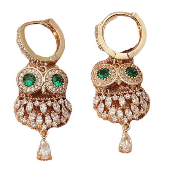 DANGLE OWL zirconia huggie hoop dangle earrings - Picture 3 of 4